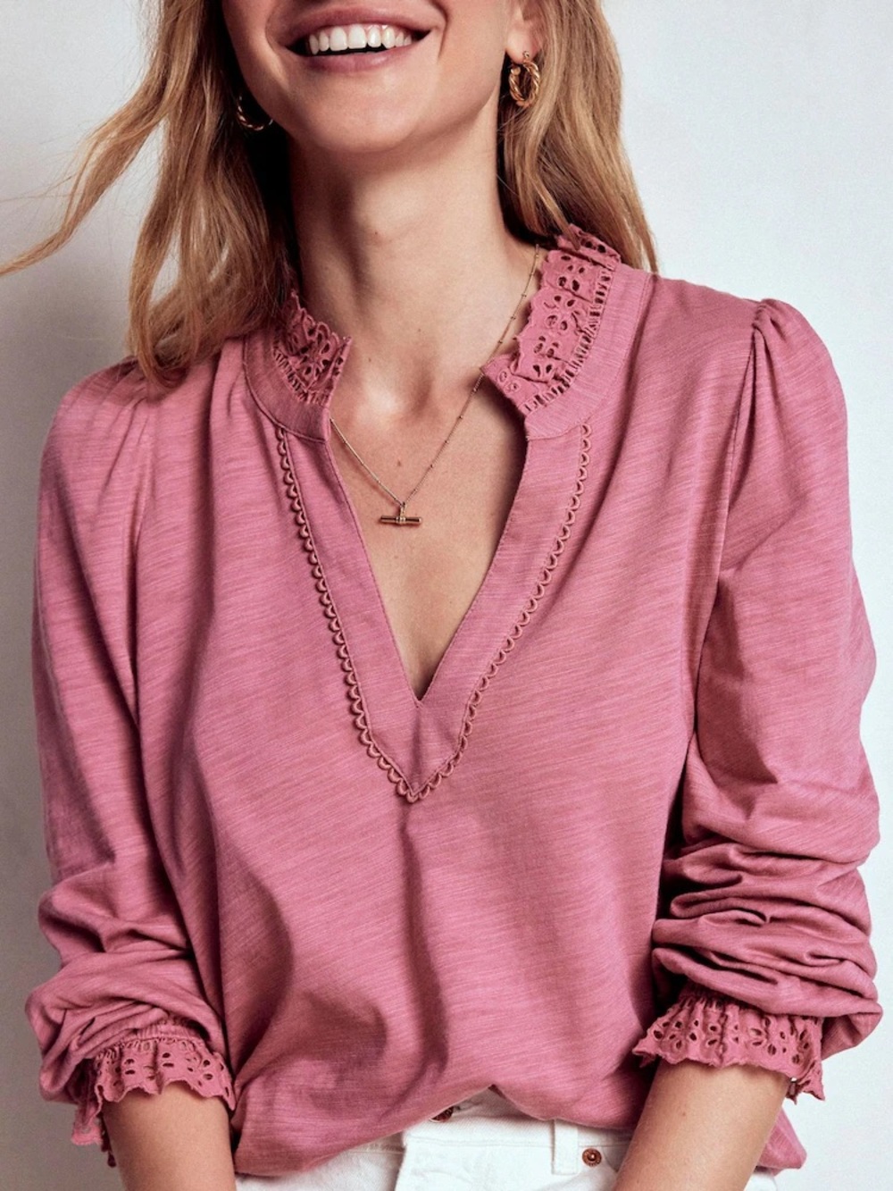 Boden Aria Broderie Notch Neck Top Pink Rose Heather 4 Worn Once
